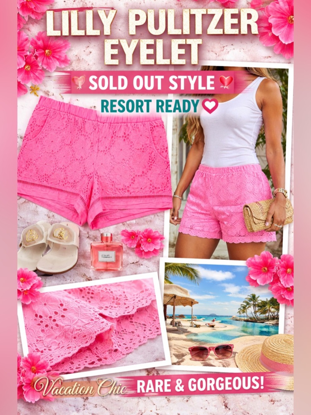 Lilly Pulitzer Pink Eyelet Vixon Shorts Resort Coastal Chic Lace